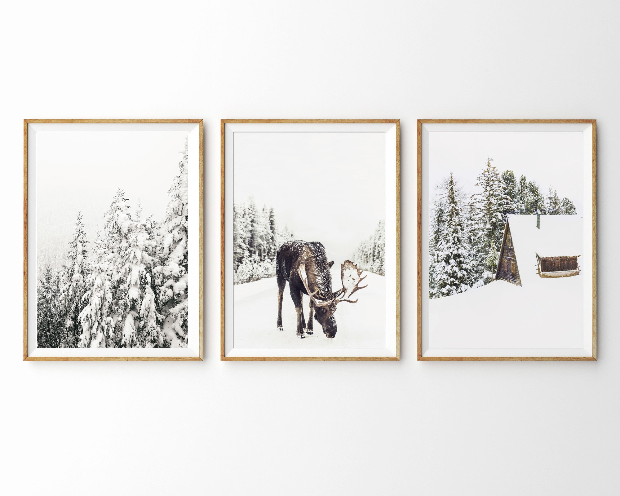 Winter Theme Set of 3 Prints Winter Decor Winter Photography Christmas Print Christmas Wall Art Forest Print Snowy Trees Reindeer Snow Cabin Etsy