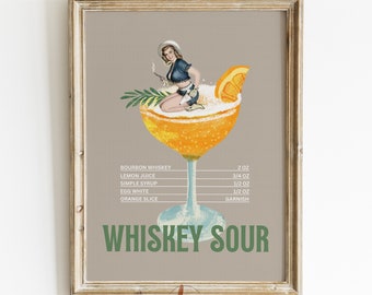 Whiskey Sour Cocktail Print, Retro Bar Cart Decor, Western Cocktail Collage with Cowgirl, Digital Print, Gallery Wall Print, Printable Art