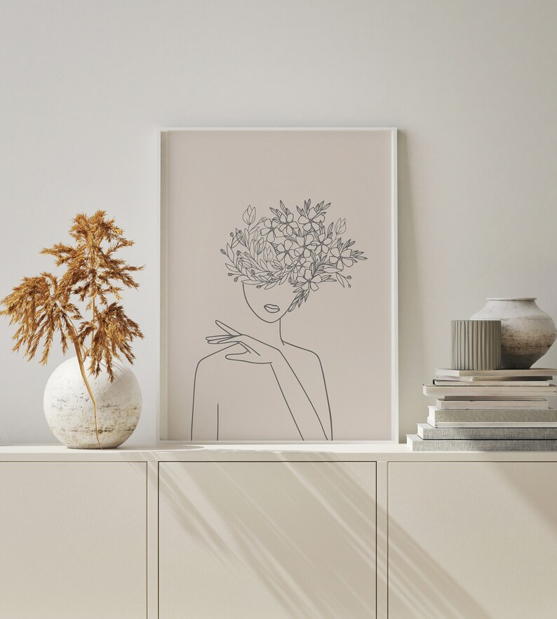 Female Line Art Boho Flower Print Above Bed Art Minimalist | Etsy