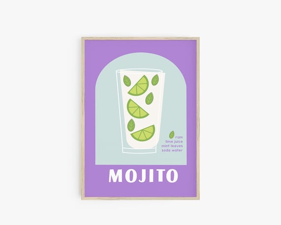 Mojito Print, Retro Cocktail Print, Preppy Room Decor, Maximalist Decor, Bar Cart Print, Preppy Poster, Maximalist Wall Art, Printable Art