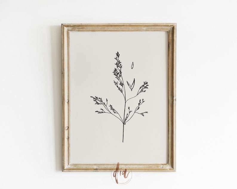 May include: A framed black and white line drawing of a single plant with delicate branches and leaves on a beige background.