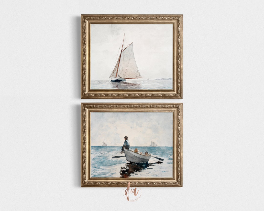 Nautical Nursery Print Set of 2, Printable Vintage Sailboat Art Set ...