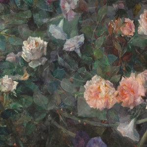 May include: An oil painting of a garden scene featuring roses and morning glories. The roses are in shades of white and peach, while the morning glories are white and purple. The leaves are a deep green, creating a lush, vibrant composition.