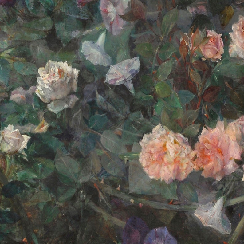 May include: An oil painting of a garden scene featuring roses and morning glories. The roses are in shades of white and peach, while the morning glories are white and purple. The leaves are a deep green, creating a lush, vibrant composition.
