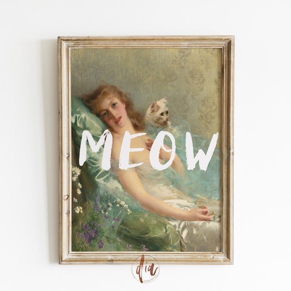 Altered Art Cat Lover Portrait, Meow Wall Art, Girl with Cat Vintage Painting, Eclectic Print, Trendy Gallery Wall Print, Maximalist Decor