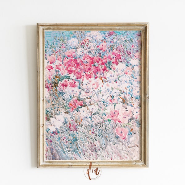 Pink Wild Flowers Print, Vintage Flower Painting, Bright Vintage Aesthetic, Spring Flower Field, DIGITAL Pastel Wall Art, Printable Art