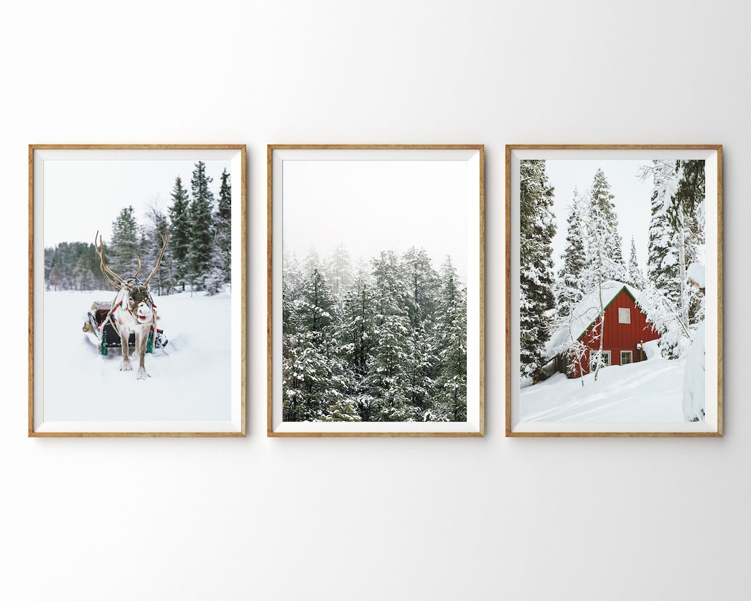 Reindeer Sleigh Print Set of 3 Prints Christmas Wall Art Holiday Decor ...