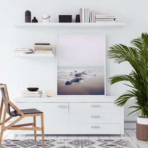 May include: A white dresser with four drawers and silver handles. A framed photograph of a beach scene with rocks and waves hangs above the dresser. A potted palm plant is on the right side of the image. A black and white patterned rug is on the floor in front of the dresser.