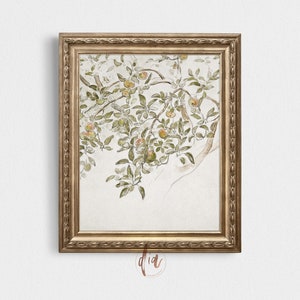 May include: A framed watercolor painting of a branch of an apple tree with green leaves and ripe apples. The painting is in a gold frame with a decorative border.