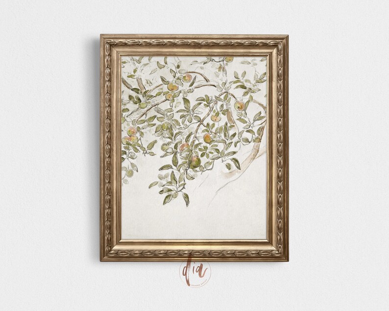 May include: A framed watercolor painting of a branch of an apple tree with green leaves and ripe apples. The painting is in a gold frame with a decorative border.
