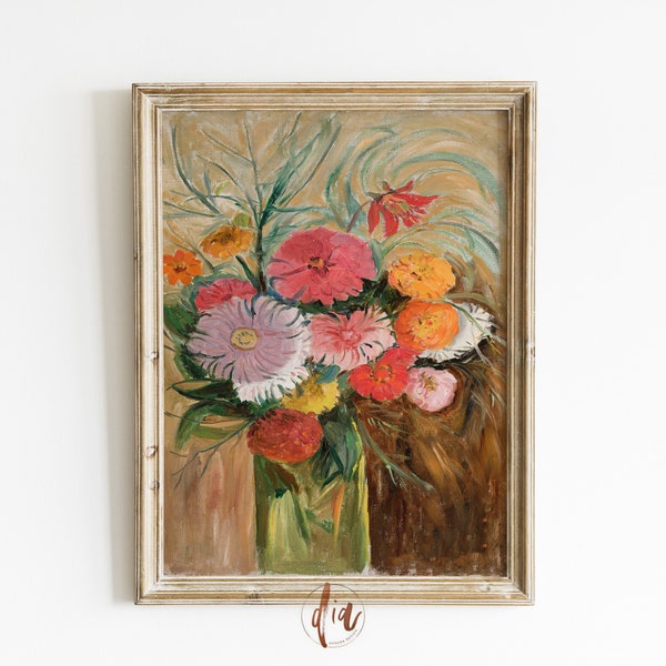 Vibrant Vintage Flowers, Bright Colorful Floral Painting, Flower Bouquet Antique Painting, Eclectic Gallery Wall Print, DIGITAL PRINTS