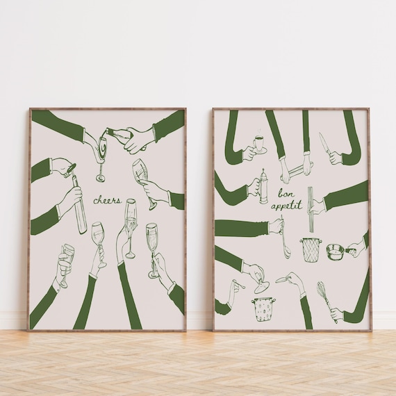 Green Kitchen Print Set of 2, Retro Cheers Digital Print, Bon Appetite Food Wall Art, Trendy Bar Cart Print, Printable Wine Poster Set