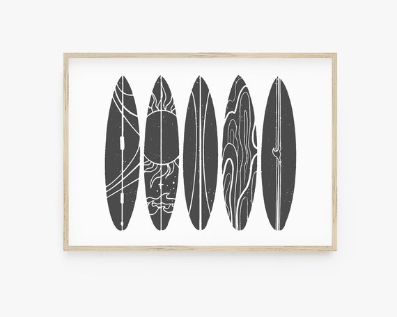 Surfboard Art Print, Black Retro Surf Printable Art, Horizontal Print, Digital Prints, Beach Nursery, Kids Room Print, Beach Decor