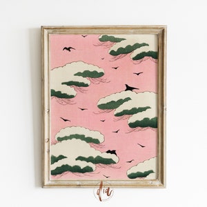 Pink Green Eclectic Gallery Wall Print, Vintage Sky Illustration, Cloud Print, Japanese Poster, Digital Print, Maximalist Wall Art
