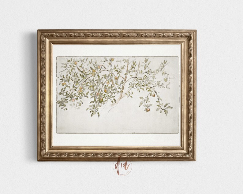 May include: A framed watercolor painting of a tree branch with green leaves and small, orange fruit. The painting is on a white background and is framed in a gold frame.