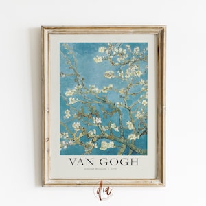 Van Gogh Print Almond Blossoms, Exhibition Poster, Vintage Poster, Spring Decor, Turquoise Blue Printable Wall Art, Aesthetic Room Decor
