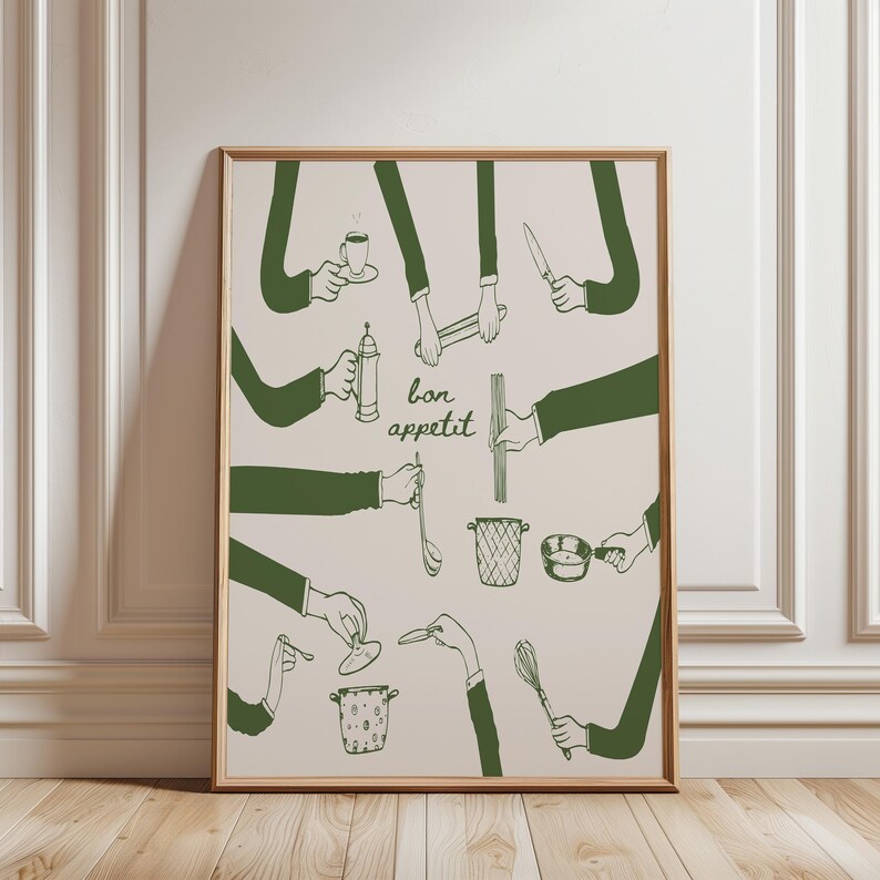 May include: A green and white print with the text "bon appetit" and illustrations of various kitchen utensils, including a pot, a whisk, a ladle, a knife, a strainer, and a coffee cup.
