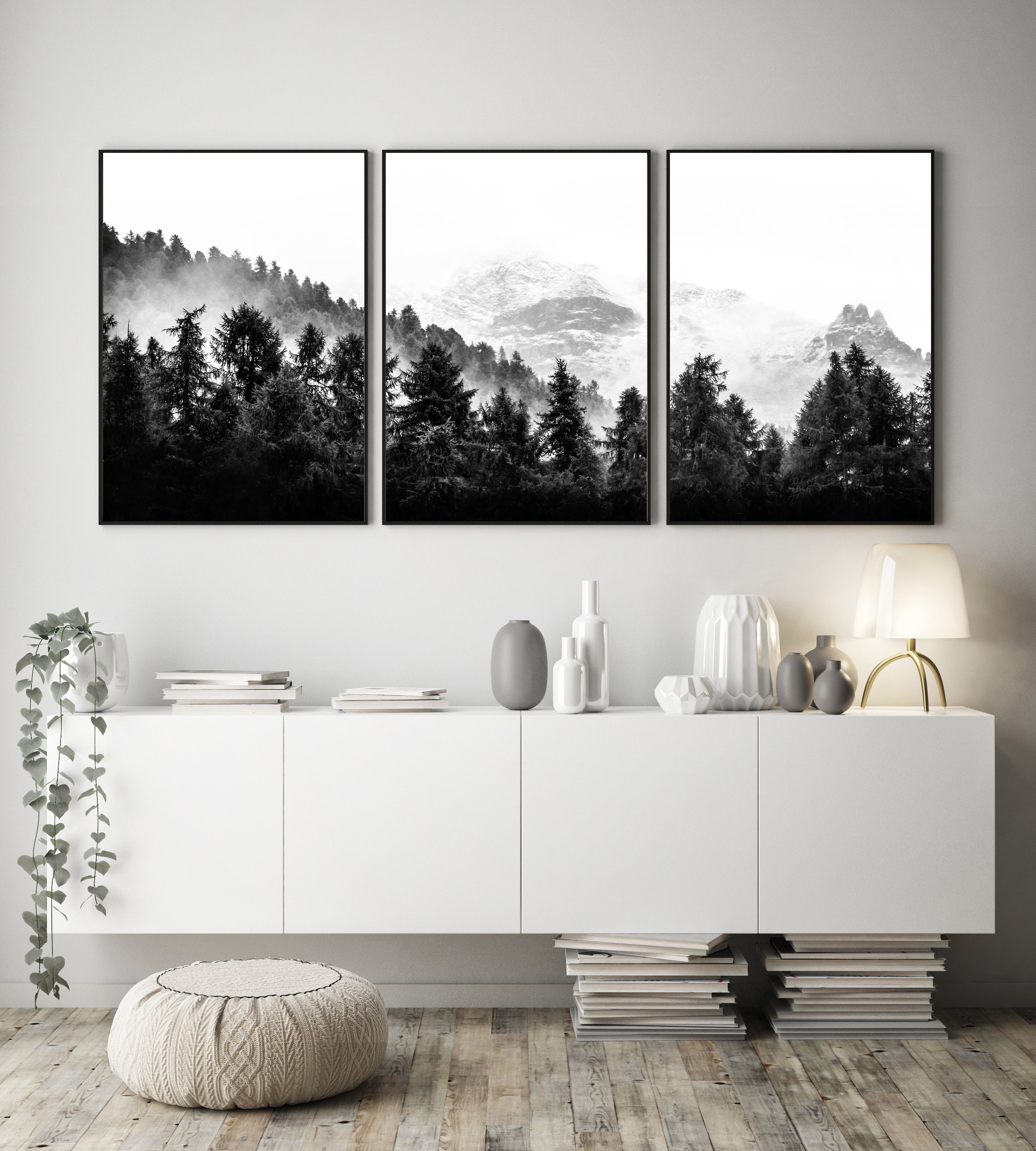 Mountain Print Set of 3 Prints Forest Wall Art Black and White Nordic ...