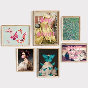 Puede incluir: Una colecci&oacute;n de impresiones art&iacute;sticas enmarcadas con una variedad de im&aacute;genes. Una impresi&oacute;n muestra mariposas sobre un fondo azul claro. Otras impresiones incluyen una mujer con un vestido amarillo con el texto "BAD & BOUJEE", una pintura floral, una mujer con chicle y una mujer con una mariposa y el texto "DON'T RUSH ME".