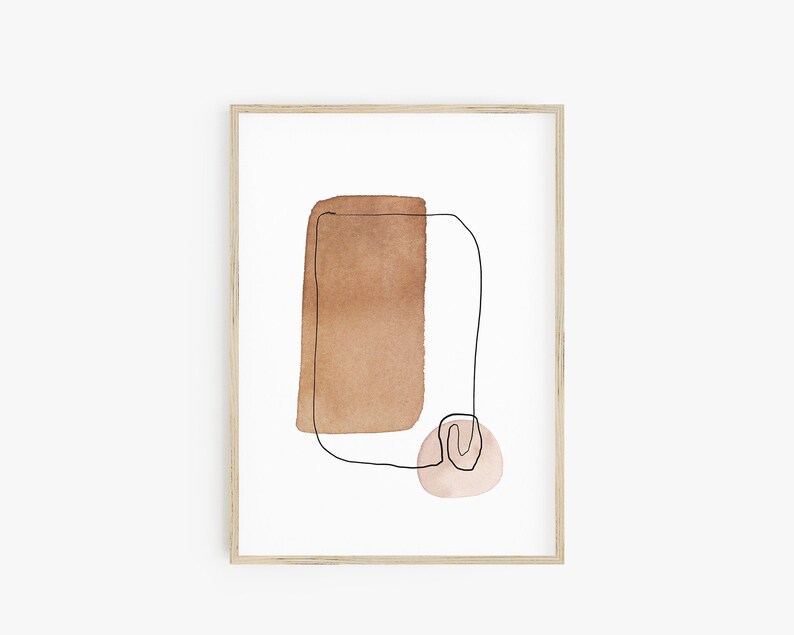 Op de afbeelding: Abstracte kunstprint met een bruin en roze aquarelontwerp. De print bevat een bruin rechthoek met een zwarte omtrek en een roze cirkel met een zwarte omtrek.