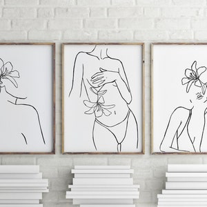 Female Nude Line Art Set of 3 Prints Flower Head Line Art - Etsy
