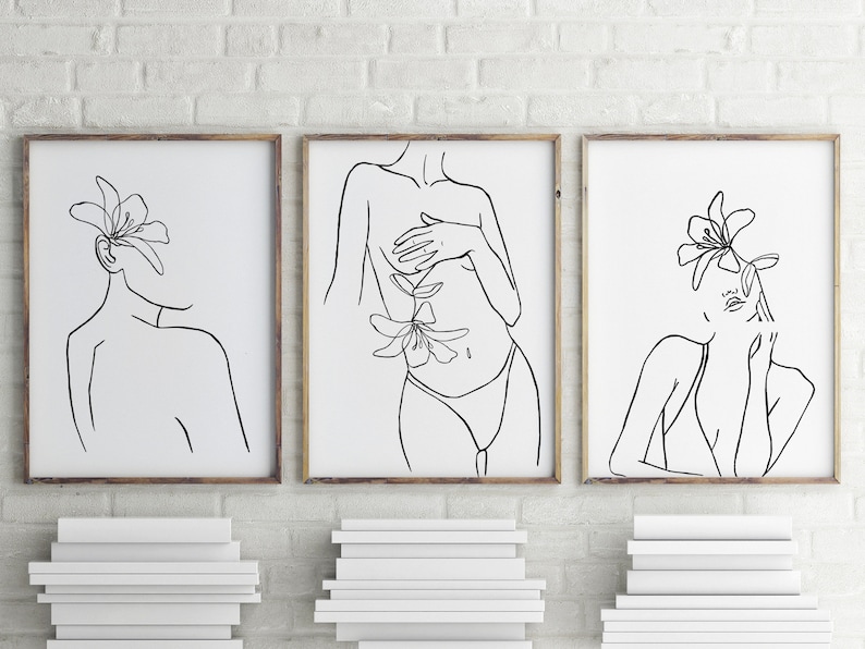 Female Nude Line Art Set of 3 Prints, Flower Head Line Art Print ...