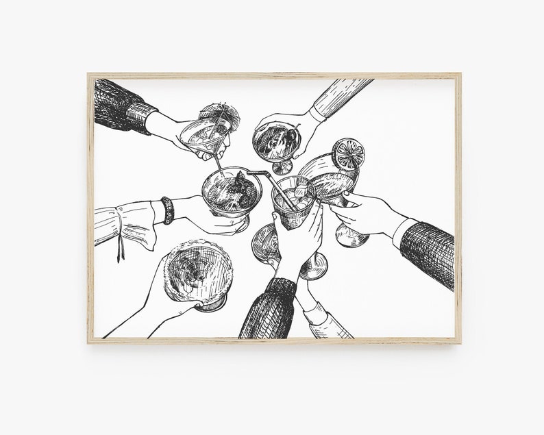 Pu&ograve; includere: Disegno in bianco e nero di sei mani che alzano bicchieri di cocktail e brindano.
