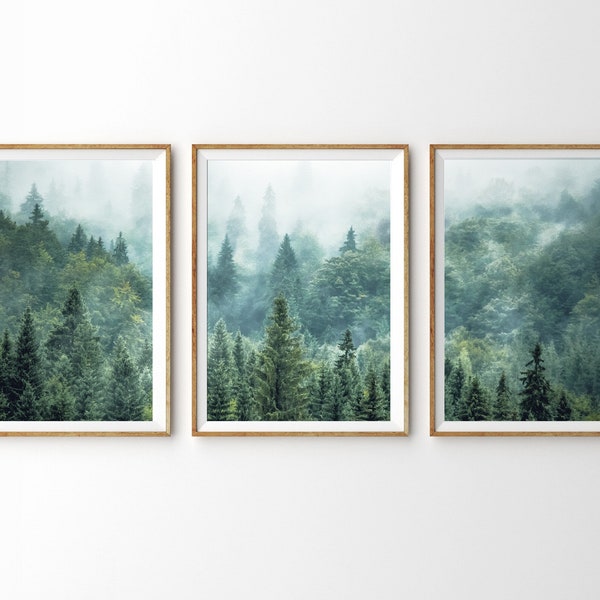 3 pièces Wall Art Misty Mountain Print Foggy Forest Décor scandinave Grand mur imprimable Blue Green Trees Nordic Art Set de 3 tirages