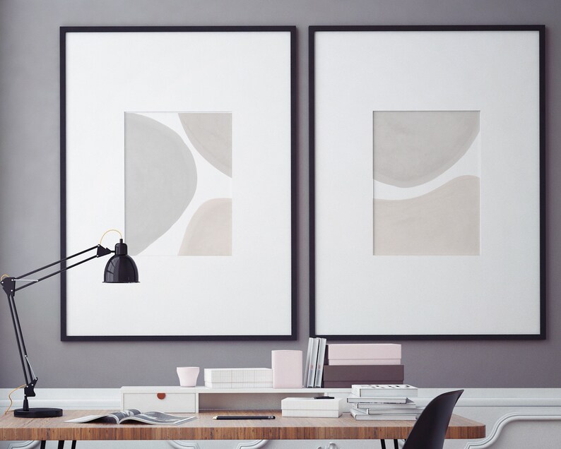 2 Piece Mid Century Modern Abstract Wall Art, Neutral Tones Art Set Large Modern Wall Art Scandinavian Minimalist Decor Beige Grey Printable image 3