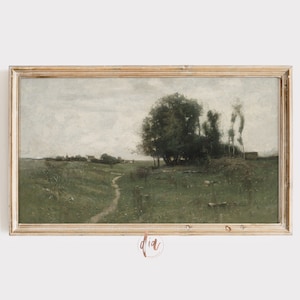 Samsung Frame TV Art, Spring Meadow Painting, Green Field and Tree Vintage Oil Painting, French Country Farmhouse, European Moody Art Print
