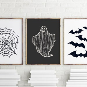 Halloween Druck 3er Set, moderne minimalistische Drucke, druckbare Wandkunst, Fledermaus Geister Kunst, Spinnennetz, Digitaldrucke, großes Poster Druck Bild 2