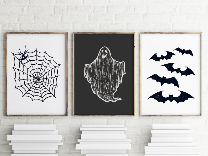 Halloween Druck 3er Set, moderne minimalistische Drucke, druckbare Wandkunst, Fledermaus Geister Kunst, Spinnennetz, Digitaldrucke, großes Poster Druck Bild 2
