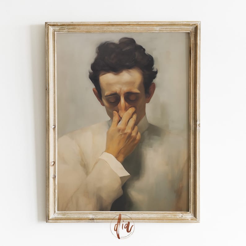 May include: A painting of a man in a white shirt with his head bowed and hand covering his face. The painting is framed in a light wood frame.
