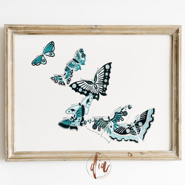 Butterfly Print Teal Blue, Butterflies Wall Art, Eclectic Decor, Gallery Wall Print, Trendy Poster, Horizontal Wall Art, Girls Room Print