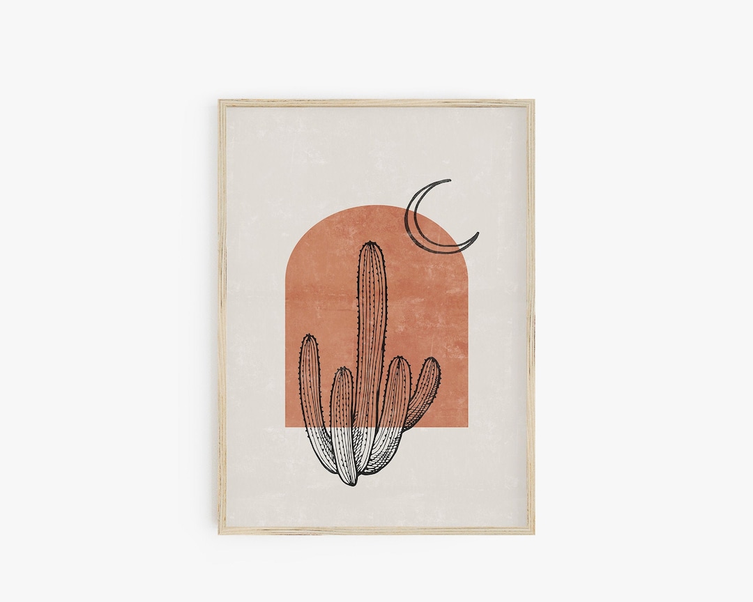 Boho Abstract Cactus Print, Desert Moon Wall Art Print, Cactus Line Art ...