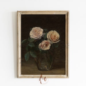 May include: A vintage oil painting of three pale pink roses in a clear glass vase against a dark background. The roses are arranged in a cluster with their stems and leaves visible. The painting is framed in a light wood frame.