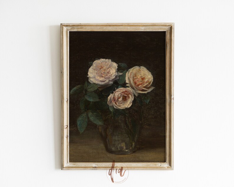 May include: A vintage oil painting of three pale pink roses in a clear glass vase against a dark background. The roses are arranged in a cluster with their stems and leaves visible. The painting is framed in a light wood frame.