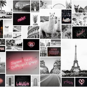 May include: A collage of black and white photos with neon pink text overlays. The text includes phrases like "Peace", "Love", "Breathe", "Do Something Great", "Some Shit Different Day", "Live Color Fully", "Good Vibes Only", and "Laugh".