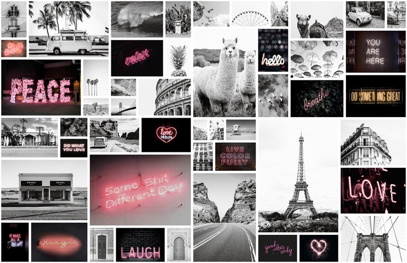 May include: A collage of black and white photos with neon pink text overlays. The text includes phrases like "Peace", "Love", "Breathe", "Do Something Great", "Some Shit Different Day", "Live Color Fully", "Good Vibes Only", and "Laugh".