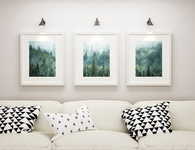 3 Piece Wall Art Misty Mountain Print Foggy Forest Scandinavian Decor ...