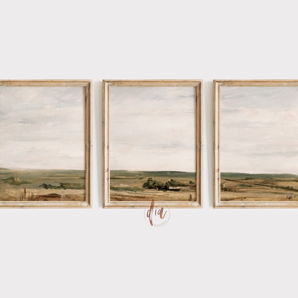 Minimalist Landscape Print Set of 3, Vintage Landscape Painting, French Country Farmhouse Decor, Farm Field Neutral Landscape Warm Aesthetic