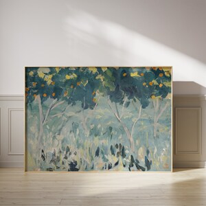 May include: A painting of a landscape with three trees in the foreground. The trees are painted in shades of blue and green, with a few orange fruits visible. The background is a hazy blue and green.