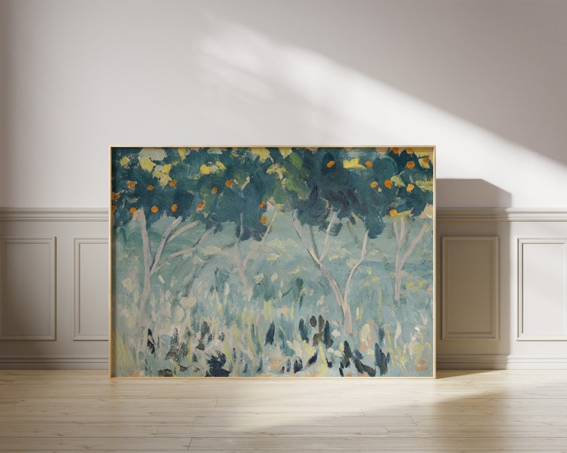 May include: A painting of a landscape with three trees in the foreground. The trees are painted in shades of blue and green, with a few orange fruits visible. The background is a hazy blue and green.