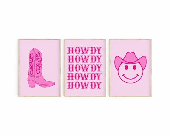 Pink Western Wall Art Set, Howdy Poster, Smiley Face Poster, Hot Pink Cowboy Boots, Trendy Wall Collage, Set of 3 Prints, Y2K Art Prints