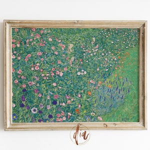 Eclectic Flower Garden Print, Gustav Klimt Vintage Flowers Painting, Bright Pastel Horizontal Print, DIGITAL Prints, Gallery Wall Print
