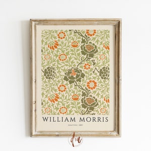 William Morris Vintage Poster, Antique Floral Print, Exhibition Poster, Burnt Orange Muted Green Flower Print, Printable Textile Pattern