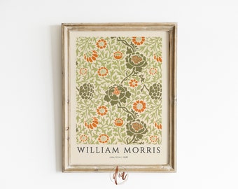 William Morris Vintage Poster, Antique Floral Print, Exhibition Poster, Burnt Orange Muted Green Flower Print, Printable Textile Pattern