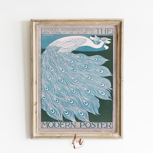 Vintage Exhibition Poster, Turquoise Blue Peacock Print, Retro Poster, Bird Illustration, Eclectic Wall Art, Digital Gallery Wall Print