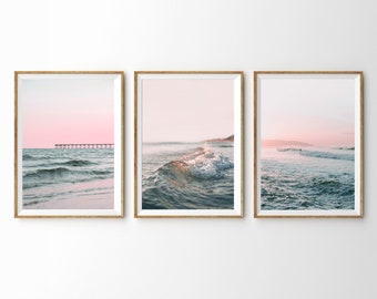 Ocean Print Set of 3 Prints Gallery Wall Set Beach Print Ocean Art Large Wall Art Set Pink Wall Art Sunset Waves Print Beach Pier Surf Print