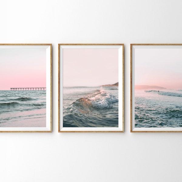 Ocean Print Set of 3 Prints Gallery Wall Set Beach Print Ocean Art Large Wall Art Set Pink Wall Art Sunset Waves Print Beach Pier Surf Print